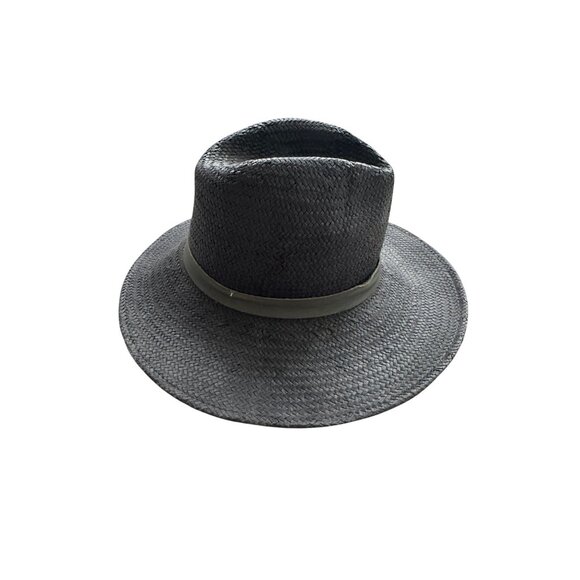 JANESSA LEONE Black Gffray Straw Wide Brim Hat Size Medium - Picture 2 of 6